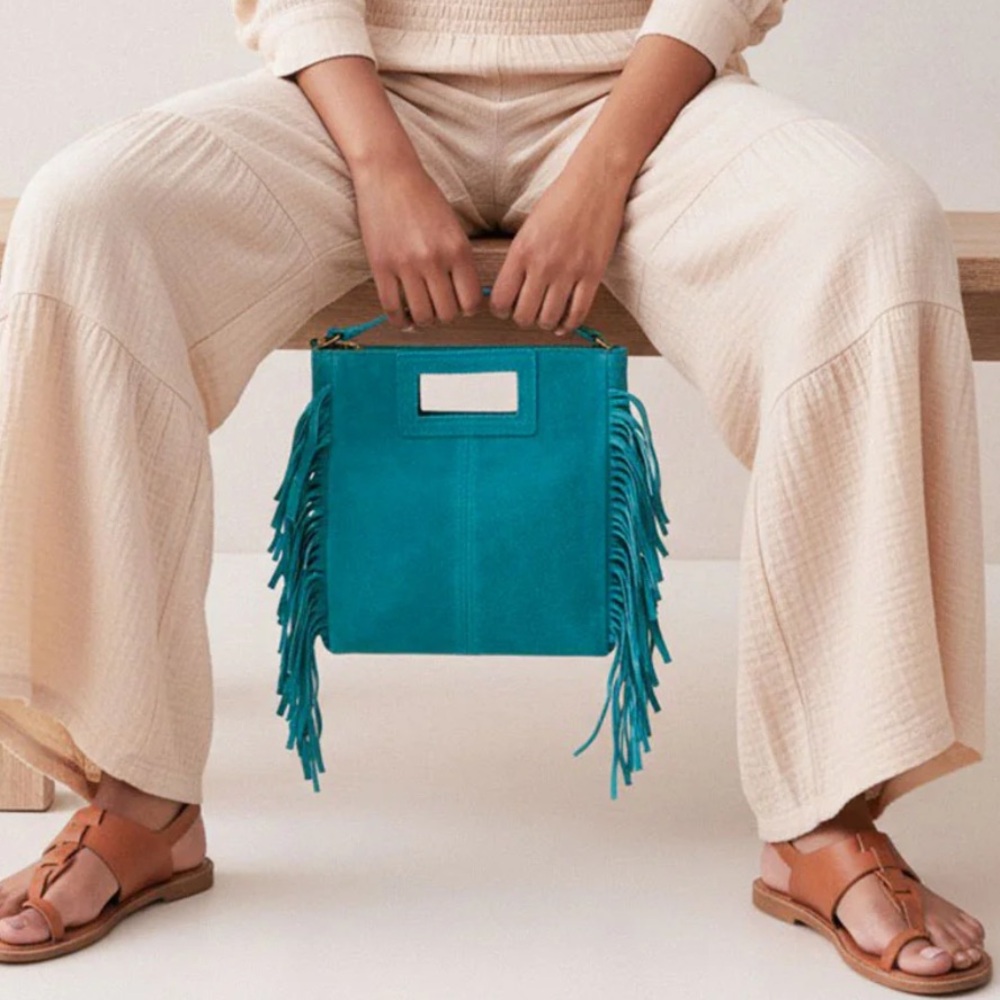 Debbie Katz Crissy Aqua Handmade Suede Leather Fringe Convertible Bag